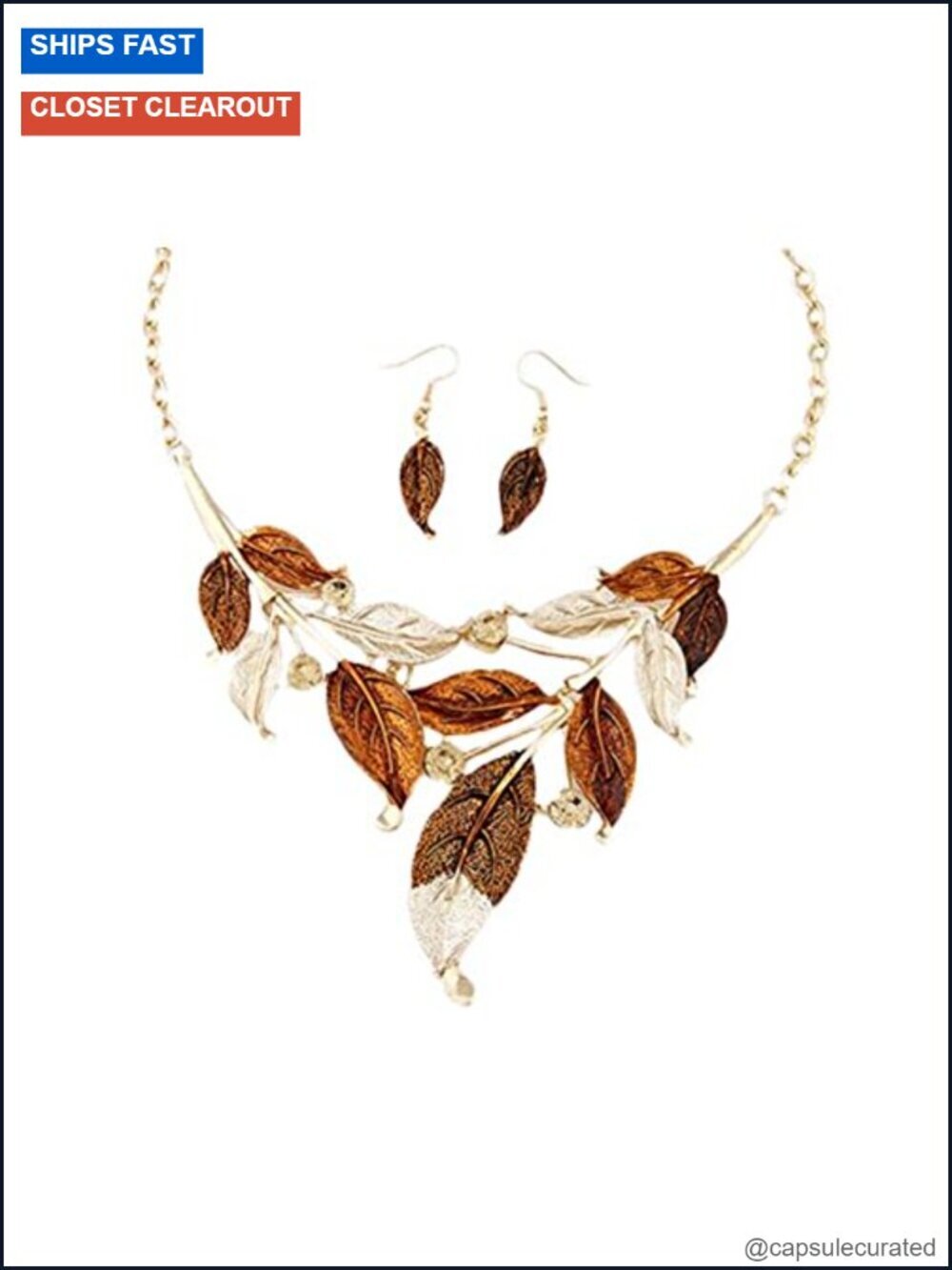 Boho Vintage Leaf Rhinestone Jewelry Set Necklace and Earrings for Women